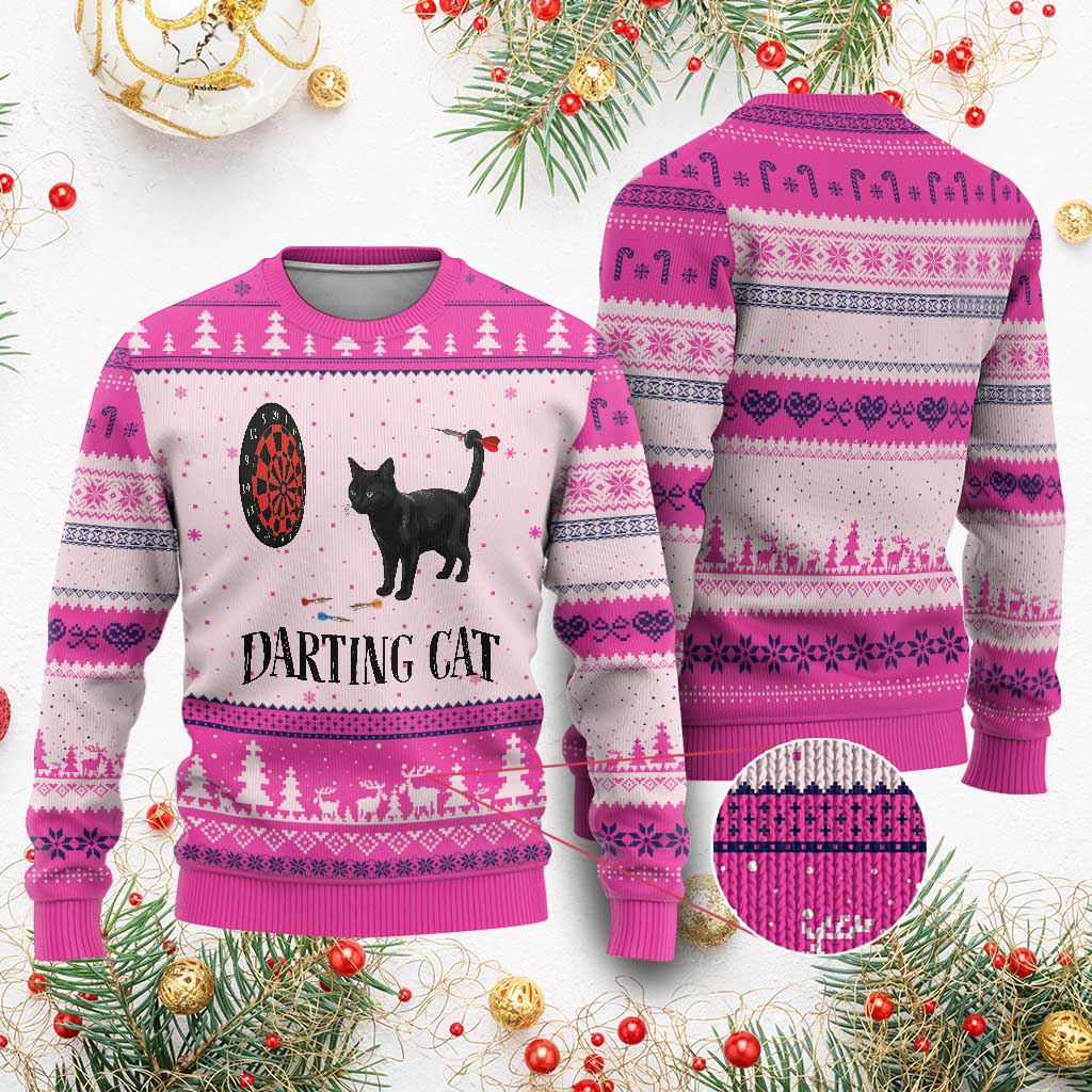 Funny Black Cat Darts Player Ugly Christmas Sweater Darting Cat Dartist Gift - Wonder Print Shop
