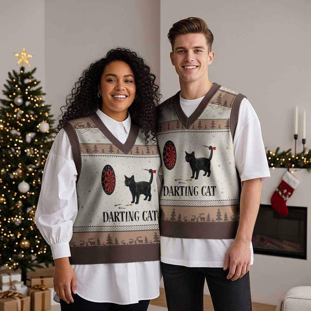 Funny Black Cat Darts Player V-Neck Knit Sweater Vest Darting Cat Dartist Gift - Wonder Print Shop