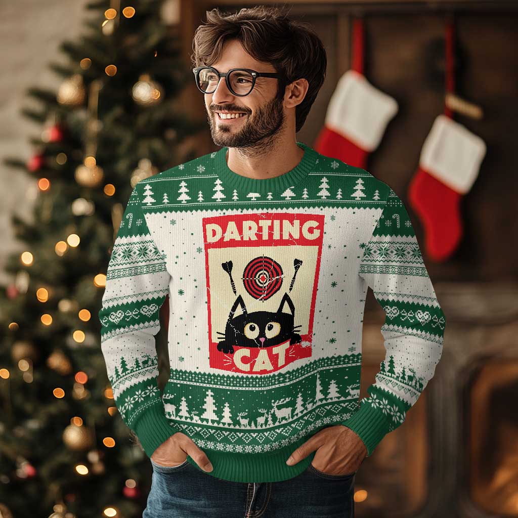 Black Cat Dart Thrower Ugly Christmas Sweater Cat Lover Dartist Gift - Wonder Print Shop