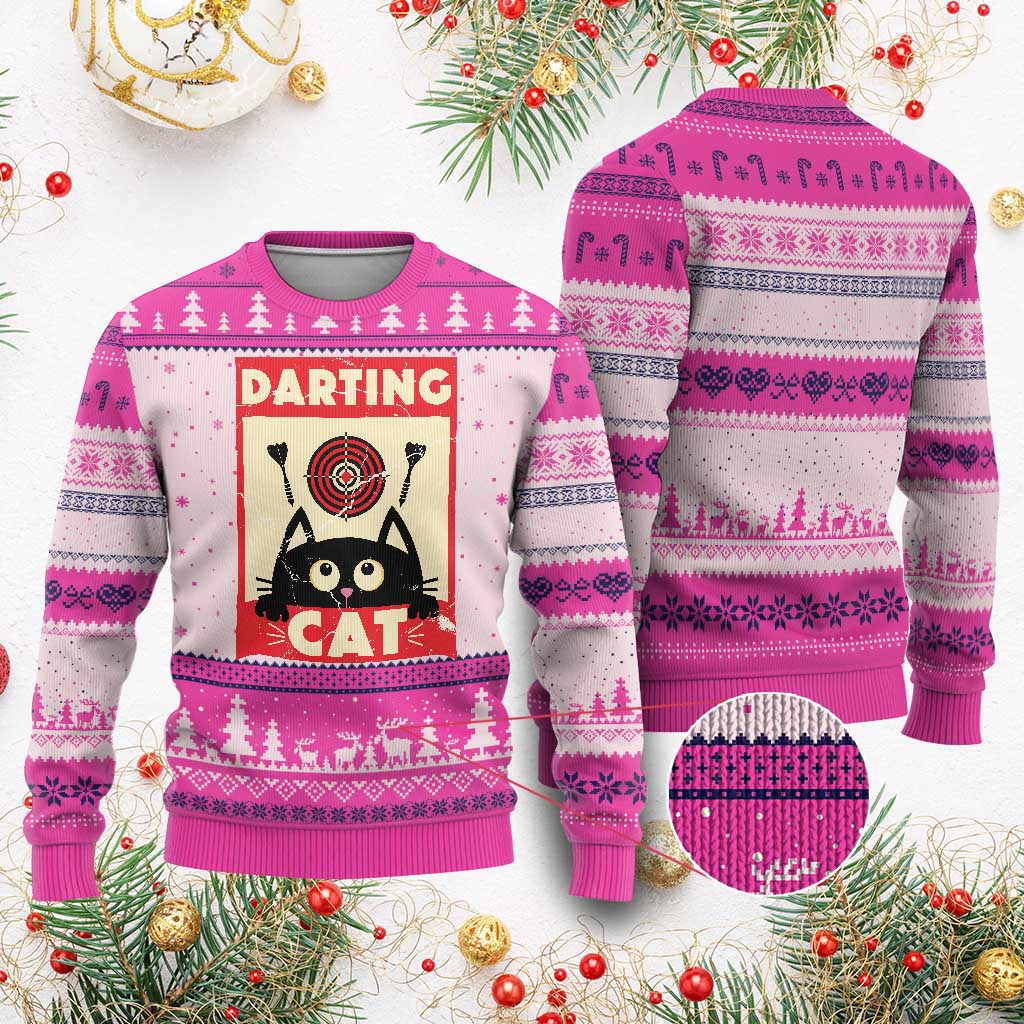 Black Cat Dart Thrower Ugly Christmas Sweater Cat Lover Dartist Gift - Wonder Print Shop