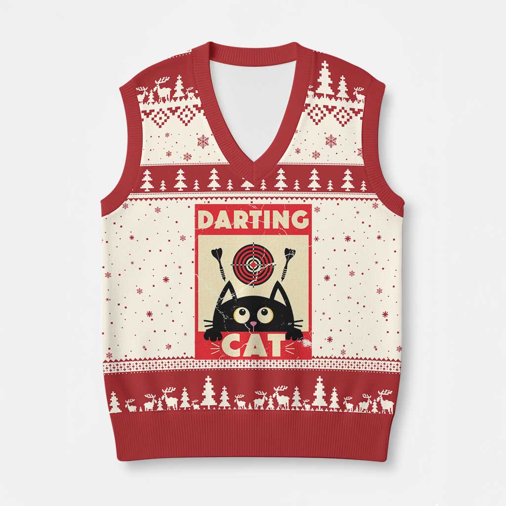 Black Cat Dart Thrower V-Neck Knit Sweater Vest Cat Lover Dartist Gift - Wonder Print Shop