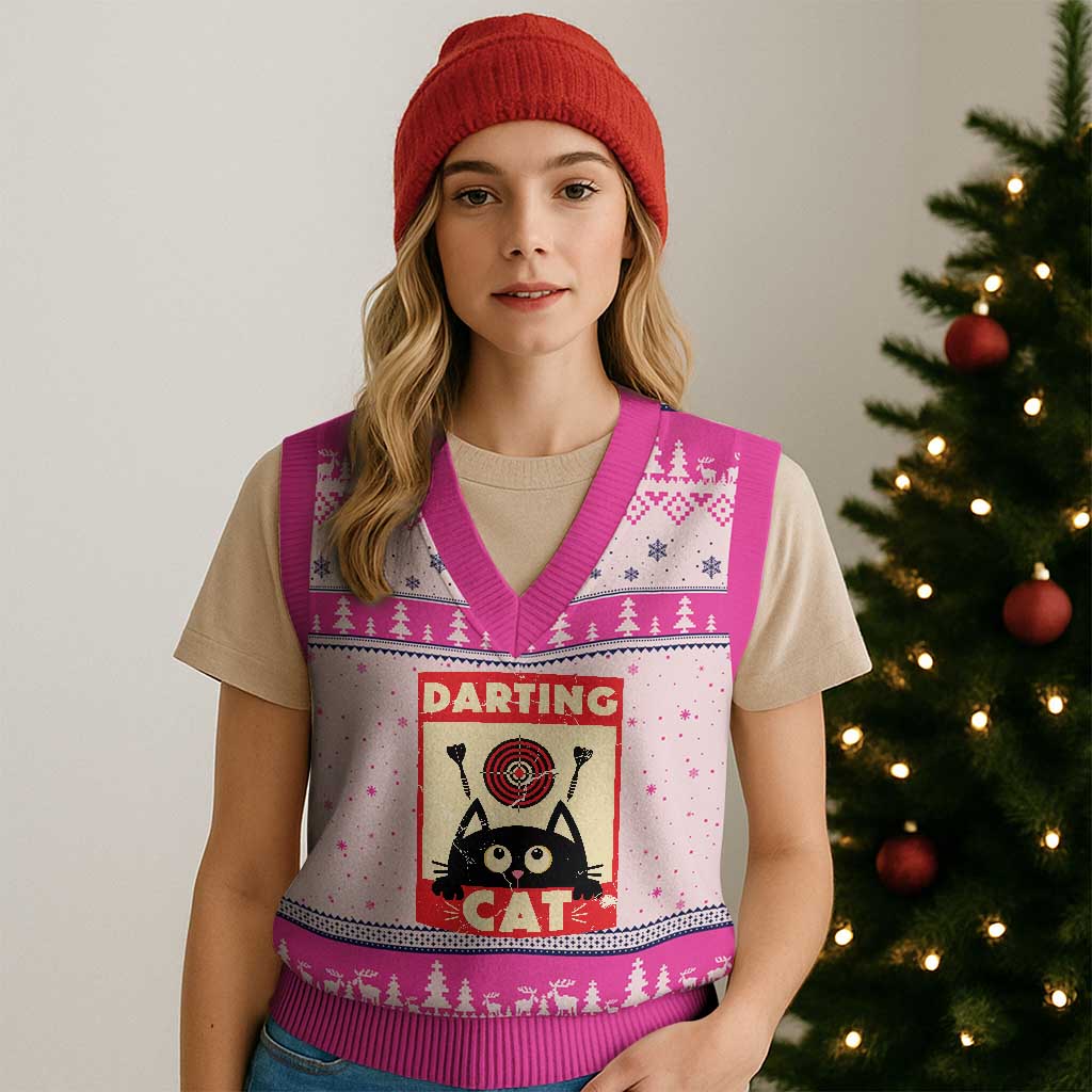Black Cat Dart Thrower V-Neck Knit Sweater Vest Cat Lover Dartist Gift - Wonder Print Shop