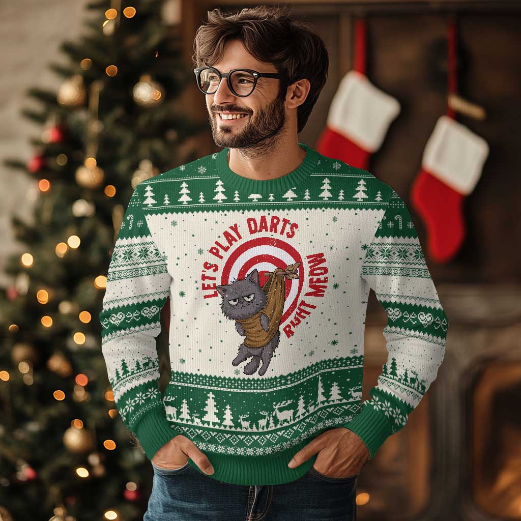 Funny Cat Darts Lover Ugly Christmas Sweater Lets Play Darts Right Meow - Wonder Print Shop