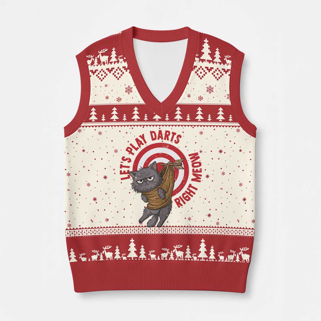 Funny Cat Darts Lover V-Neck Knit Sweater Vest Lets Play Darts Right Meow - Wonder Print Shop