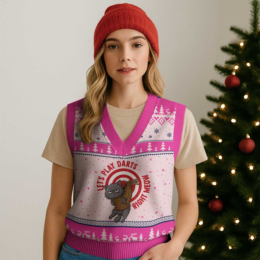 Funny Cat Darts Lover V-Neck Knit Sweater Vest Lets Play Darts Right Meow - Wonder Print Shop