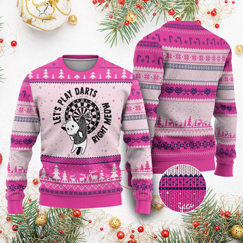 Lets Play Darts Right Meow Ugly Christmas Sweater Cute Cat Dart Player Pub Game Gift - Wonder Print Shop