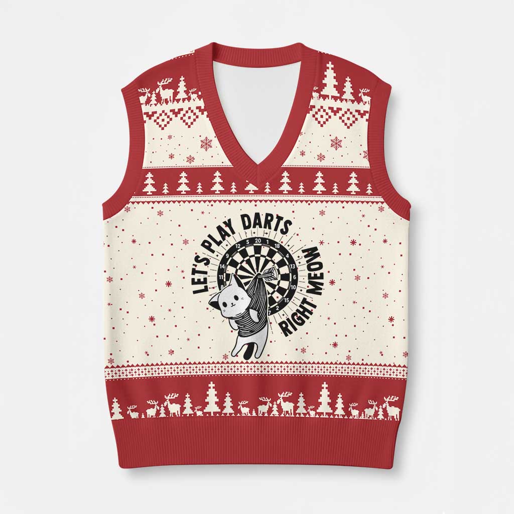 Lets Play Darts Right Meow V-Neck Knit Sweater Vest Cute Cat Dart Player Pub Game Gift - Wonder Print Shop