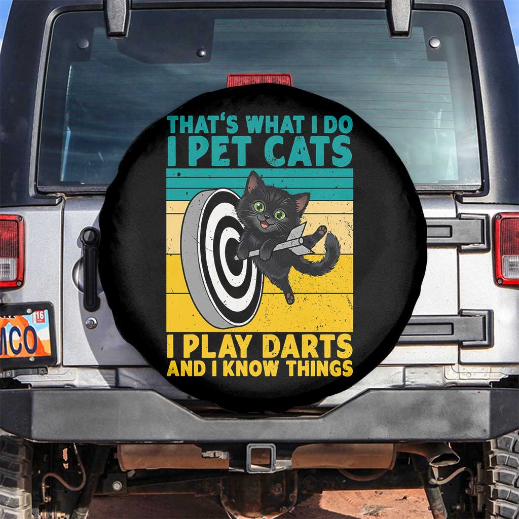 Funny Retro Sunset Cat Darts Spare Tire Cover I Pet Cats I Play Darts And I Know Things - Wonder Print Shop