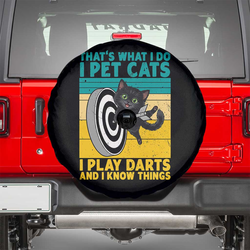 Funny Retro Sunset Cat Darts Spare Tire Cover I Pet Cats I Play Darts And I Know Things - Wonder Print Shop