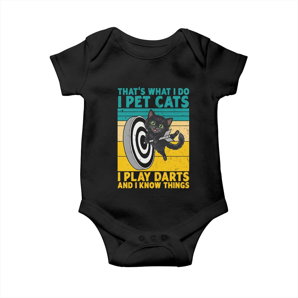 Funny Retro Sunset Cat Darts Baby Onesie I Pet Cats I Play Darts And I Know Things - Wonder Print Shop