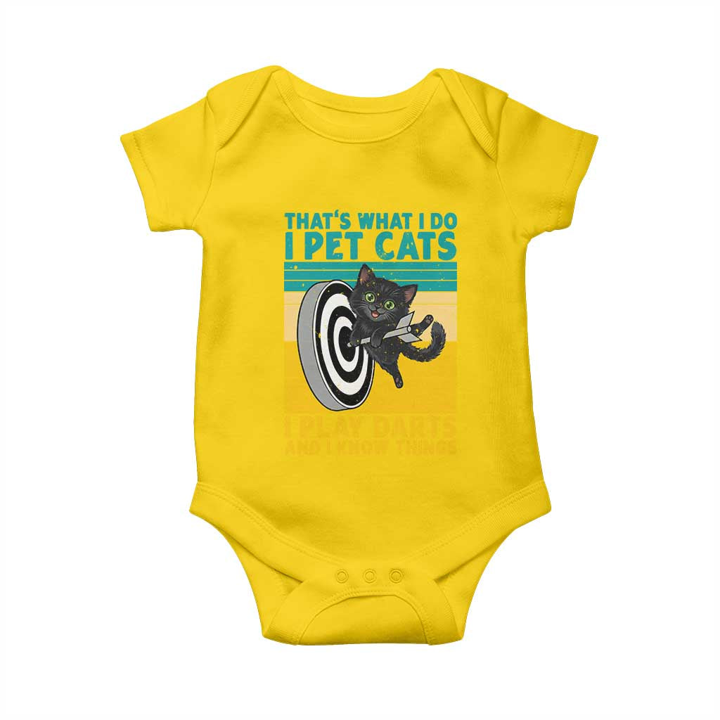 Funny Retro Sunset Cat Darts Baby Onesie I Pet Cats I Play Darts And I Know Things - Wonder Print Shop