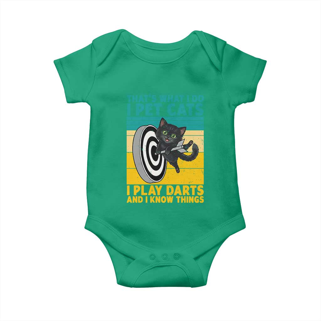 Funny Retro Sunset Cat Darts Baby Onesie I Pet Cats I Play Darts And I Know Things - Wonder Print Shop