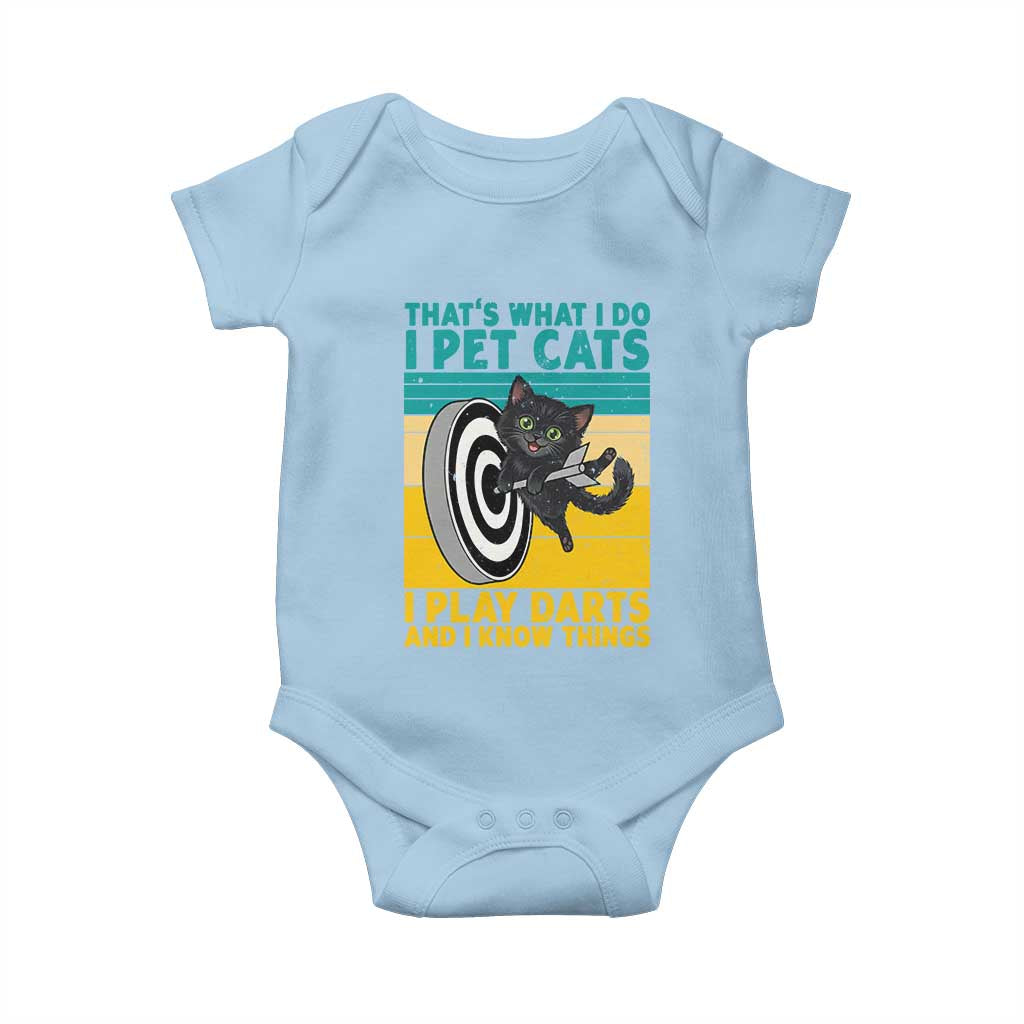 Funny Retro Sunset Cat Darts Baby Onesie I Pet Cats I Play Darts And I Know Things - Wonder Print Shop