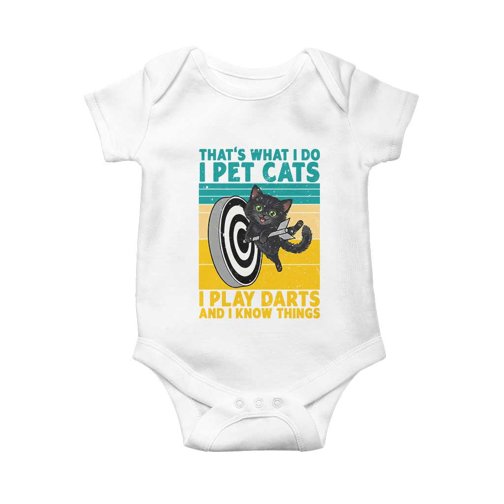 Funny Retro Sunset Cat Darts Baby Onesie I Pet Cats I Play Darts And I Know Things - Wonder Print Shop