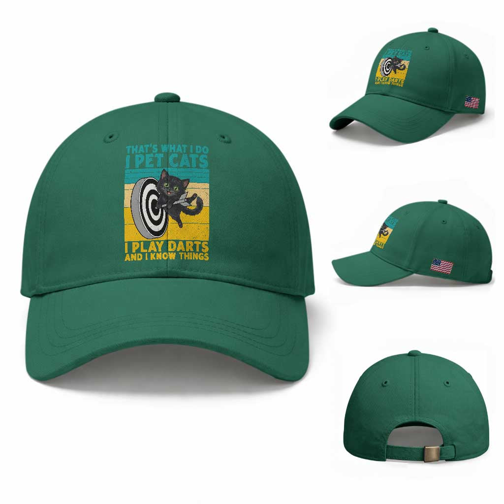 Funny Retro Sunset Cat Darts Baseball Cap I Pet Cats I Play Darts And I Know Things