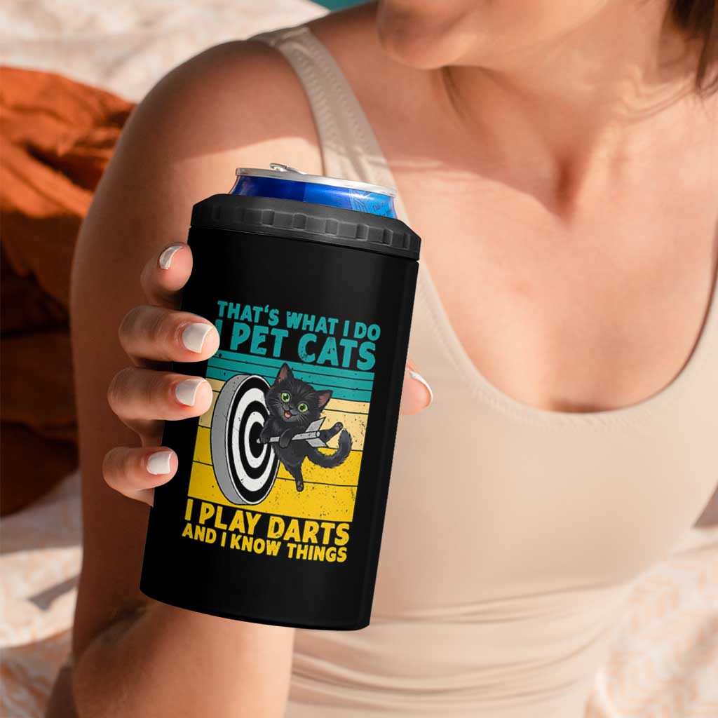 Funny Retro Sunset Cat Darts 4 in 1 Can Cooler Tumbler I Pet Cats I Play Darts And I Know Things - Wonder Print Shop