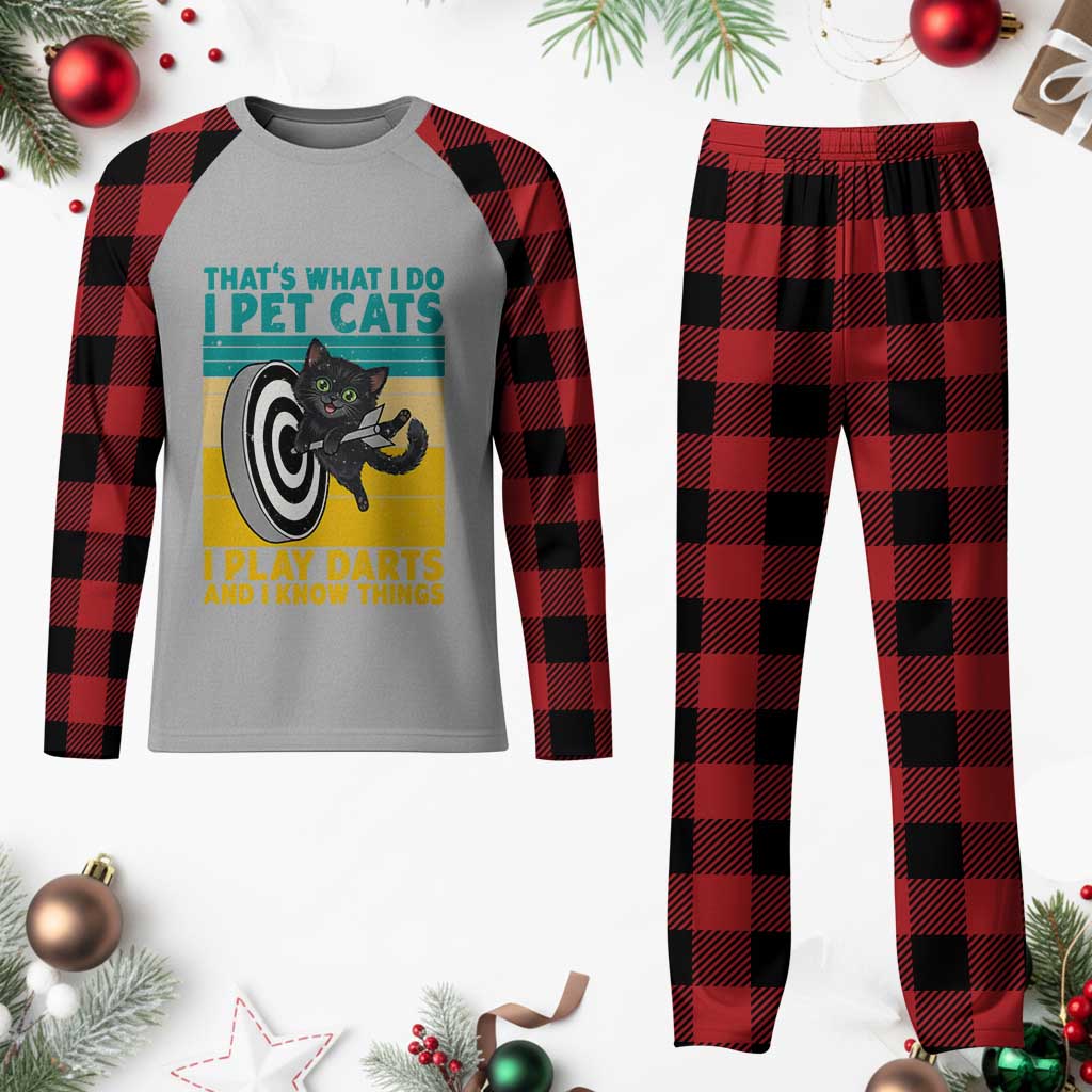 Funny Retro Sunset Cat Darts Plaid Pajama Set I Pet Cats I Play Darts And I Know Things - Wonder Print Shop