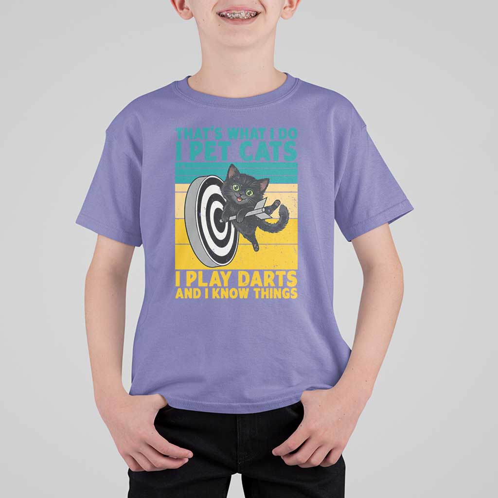 Funny Retro Sunset Cat Darts T Shirt For Kid I Pet Cats I Play Darts And I Know Things - Wonder Print Shop