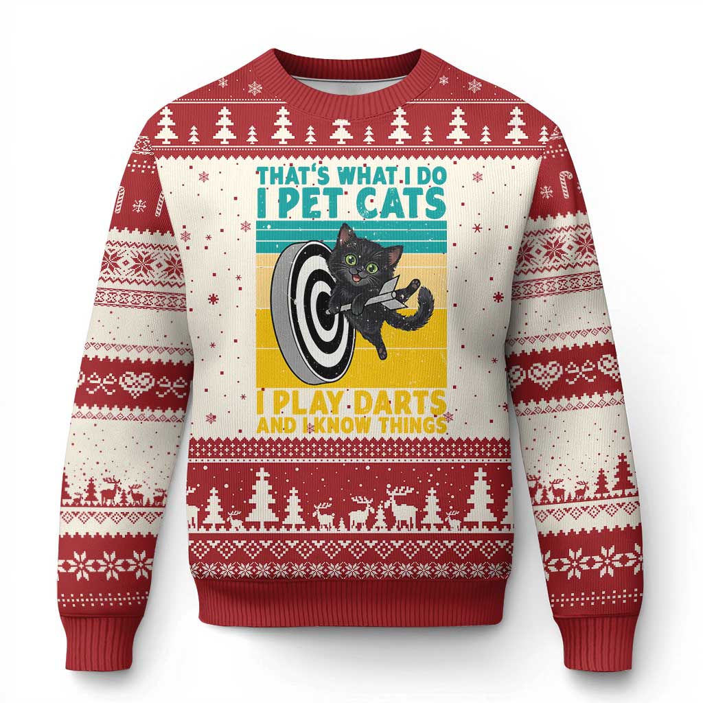 Funny Retro Sunset Cat Darts Ugly Christmas Sweater I Pet Cats I Play Darts And I Know Things - Wonder Print Shop