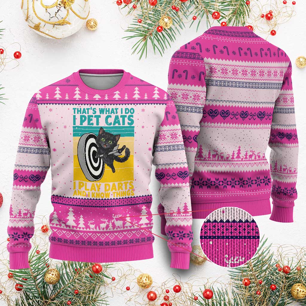 Funny Retro Sunset Cat Darts Ugly Christmas Sweater I Pet Cats I Play Darts And I Know Things - Wonder Print Shop