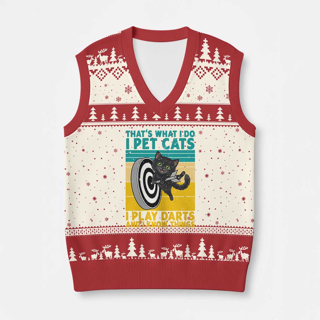 Funny Retro Sunset Cat Darts V-Neck Knit Sweater Vest I Pet Cats I Play Darts And I Know Things - Wonder Print Shop