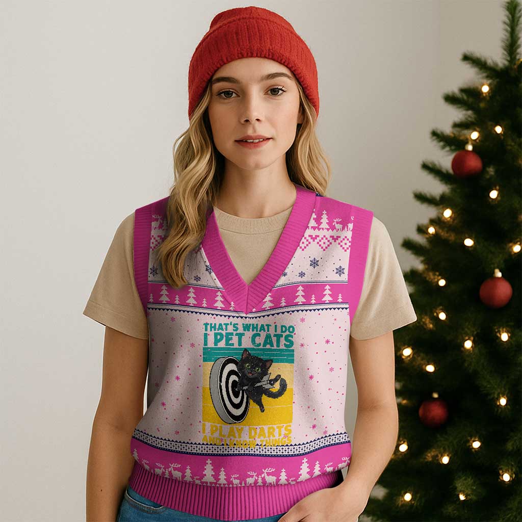 Funny Retro Sunset Cat Darts V-Neck Knit Sweater Vest I Pet Cats I Play Darts And I Know Things - Wonder Print Shop