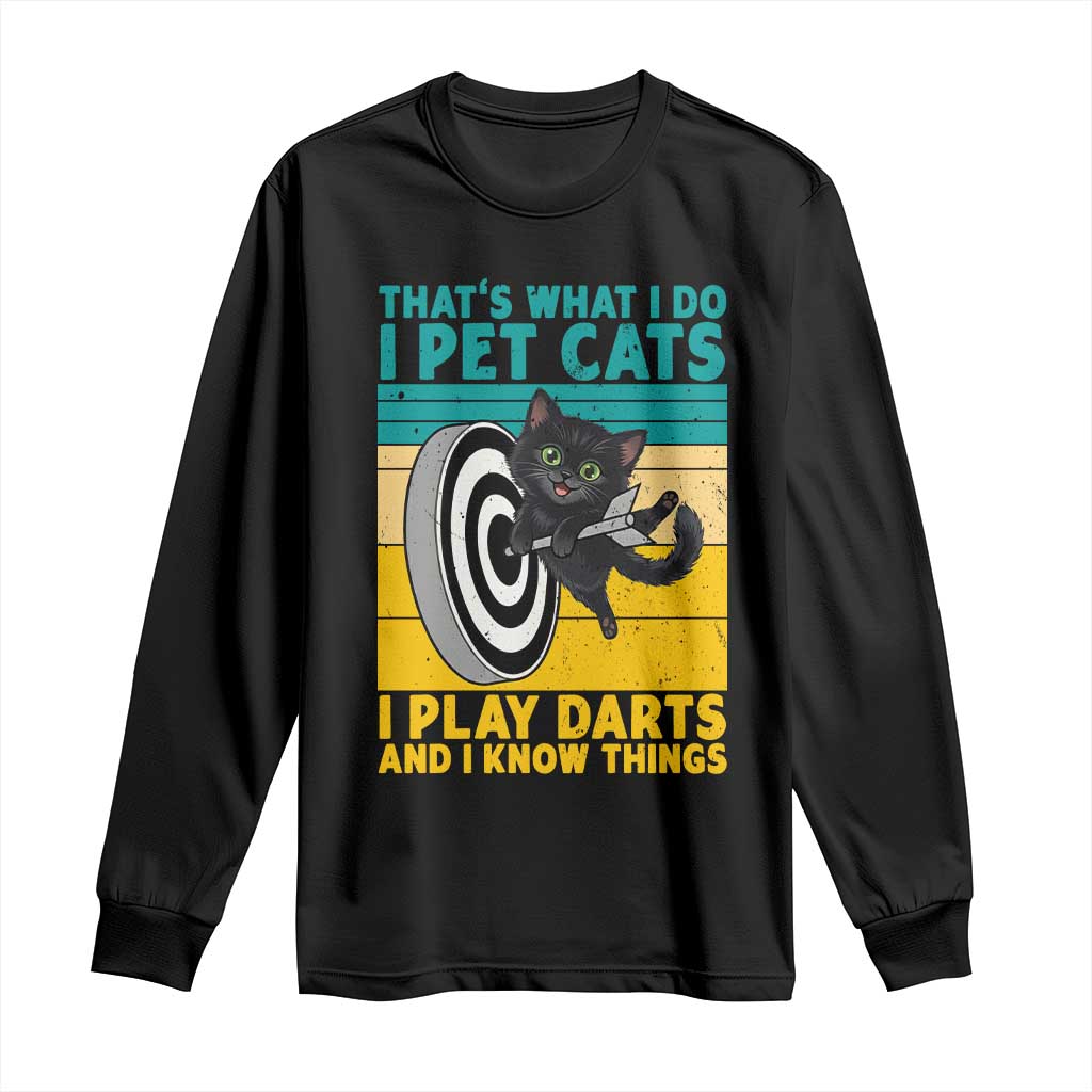 Funny Retro Sunset Cat Darts Long Sleeve Shirt I Pet Cats I Play Darts And I Know Things - Wonder Print Shop