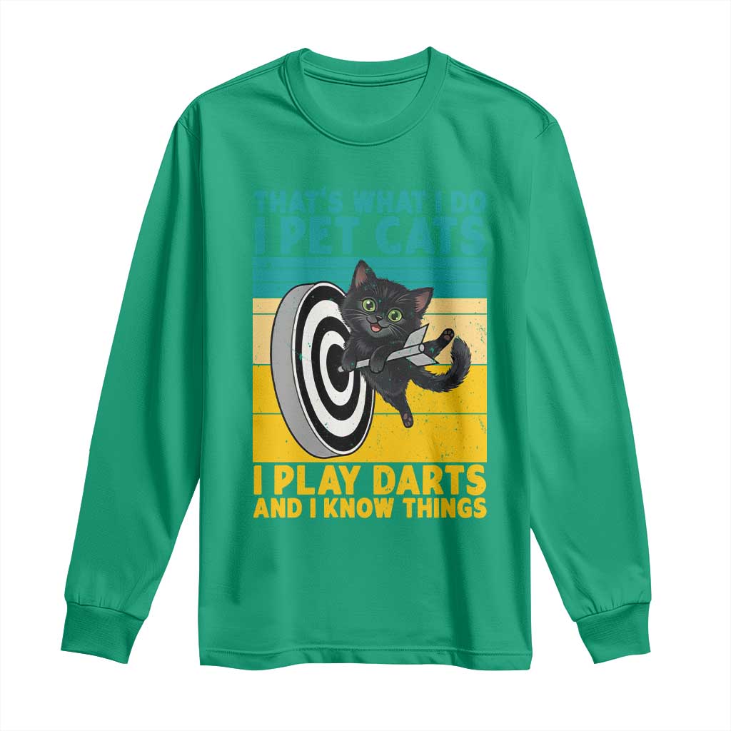 Funny Retro Sunset Cat Darts Long Sleeve Shirt I Pet Cats I Play Darts And I Know Things - Wonder Print Shop