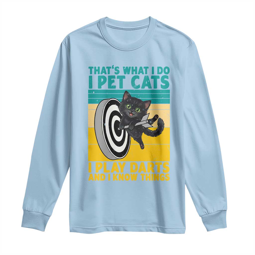 Funny Retro Sunset Cat Darts Long Sleeve Shirt I Pet Cats I Play Darts And I Know Things - Wonder Print Shop