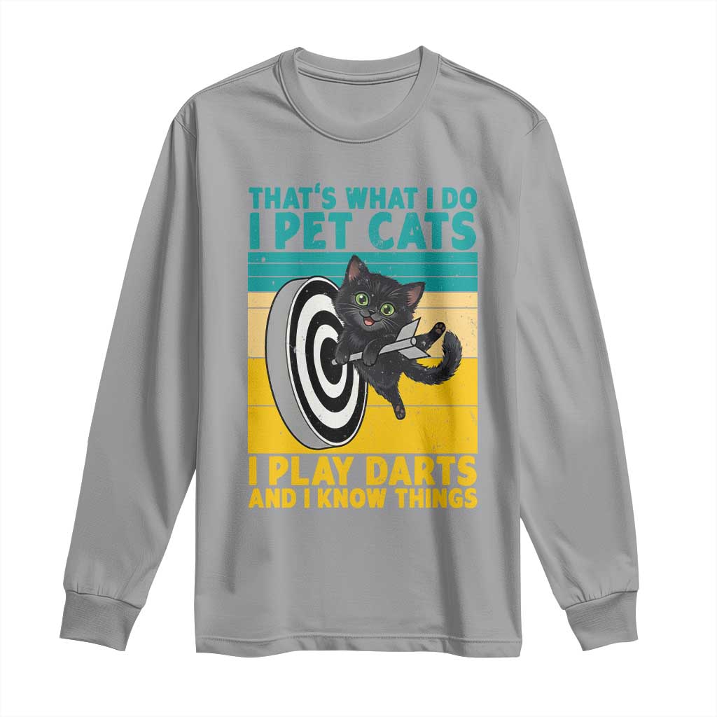Funny Retro Sunset Cat Darts Long Sleeve Shirt I Pet Cats I Play Darts And I Know Things - Wonder Print Shop