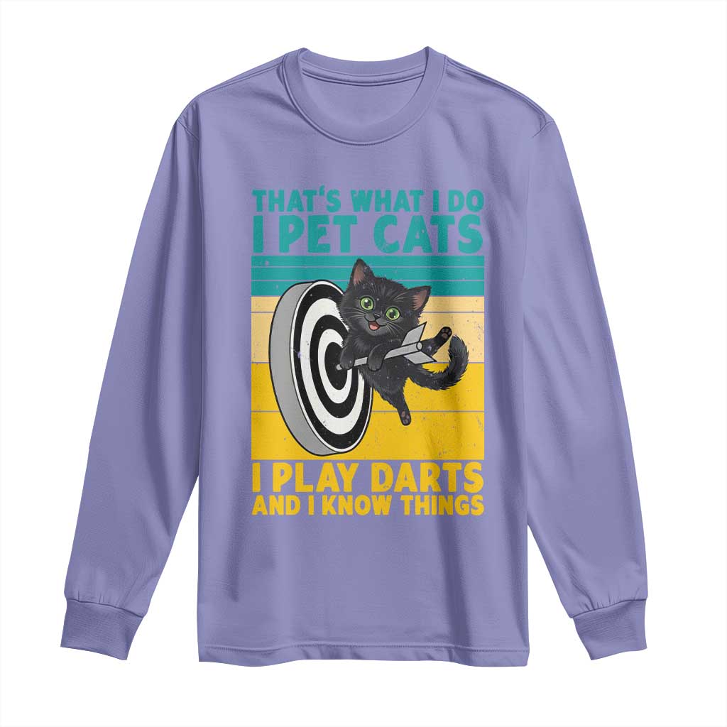 Funny Retro Sunset Cat Darts Long Sleeve Shirt I Pet Cats I Play Darts And I Know Things - Wonder Print Shop