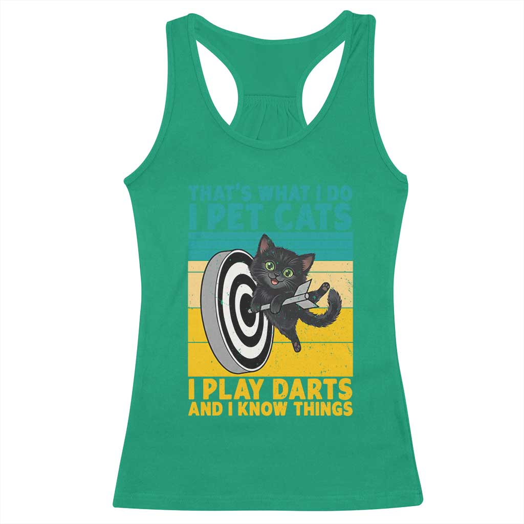 Funny Retro Sunset Cat Darts Racerback Tank Top I Pet Cats I Play Darts And I Know Things - Wonder Print Shop