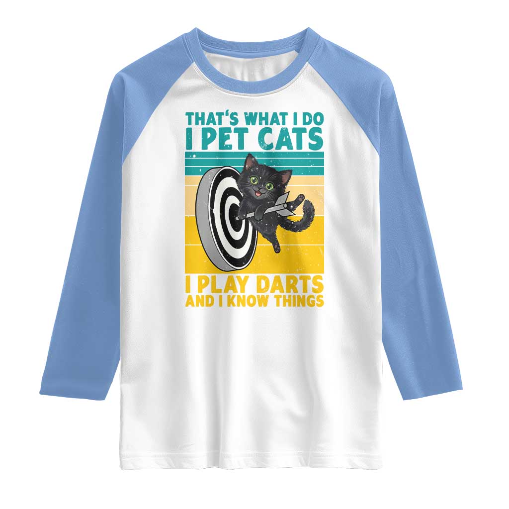 Funny Retro Sunset Cat Darts Raglan Shirt I Pet Cats I Play Darts And I Know Things - Wonder Print Shop