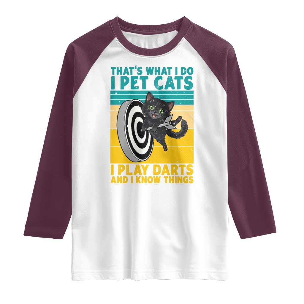 Funny Retro Sunset Cat Darts Raglan Shirt I Pet Cats I Play Darts And I Know Things - Wonder Print Shop