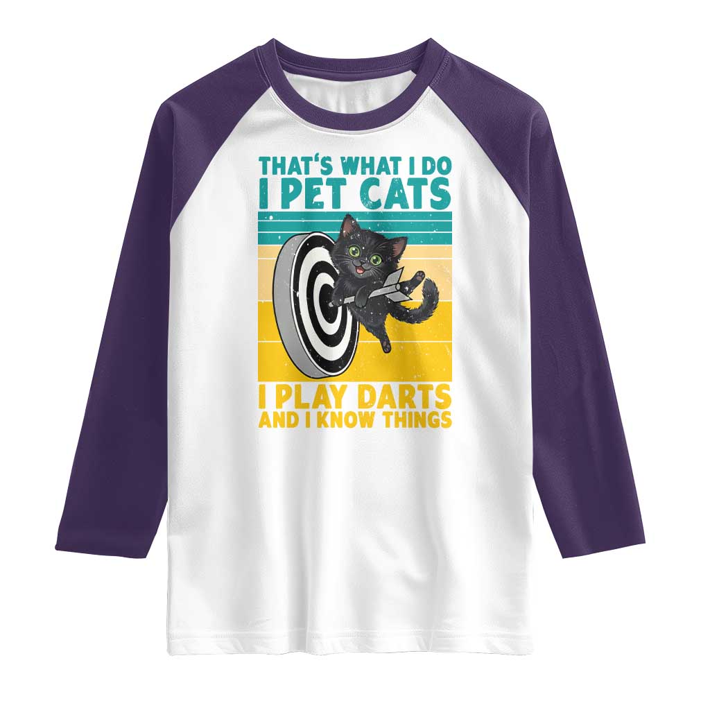 Funny Retro Sunset Cat Darts Raglan Shirt I Pet Cats I Play Darts And I Know Things - Wonder Print Shop