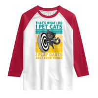 Funny Retro Sunset Cat Darts Raglan Shirt I Pet Cats I Play Darts And I Know Things - Wonder Print Shop