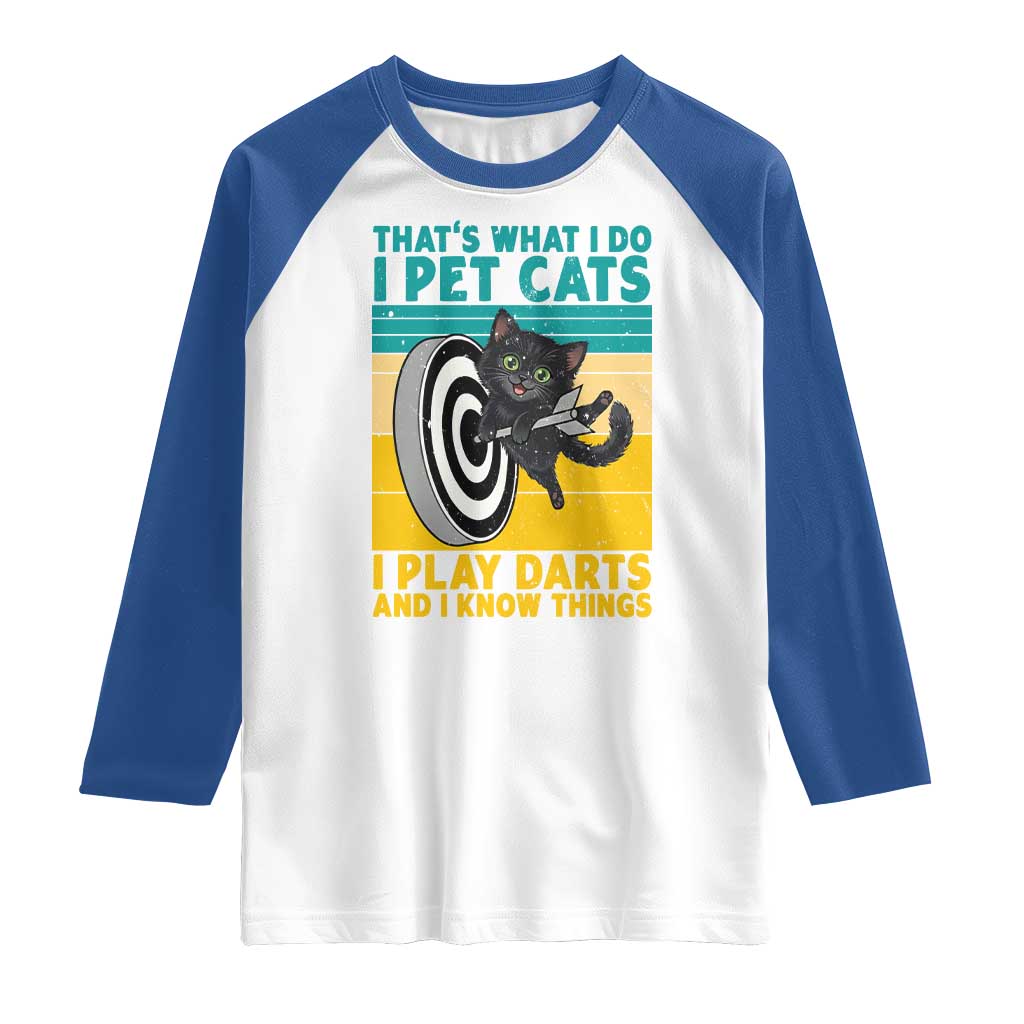 Funny Retro Sunset Cat Darts Raglan Shirt I Pet Cats I Play Darts And I Know Things - Wonder Print Shop