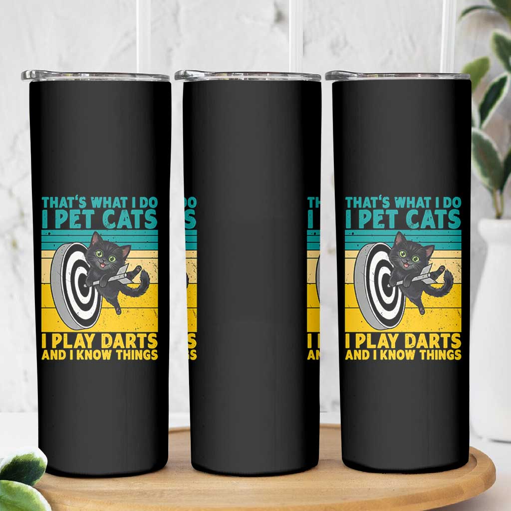 Funny Retro Sunset Cat Darts Skinny Tumbler I Pet Cats I Play Darts And I Know Things - Wonder Print Shop