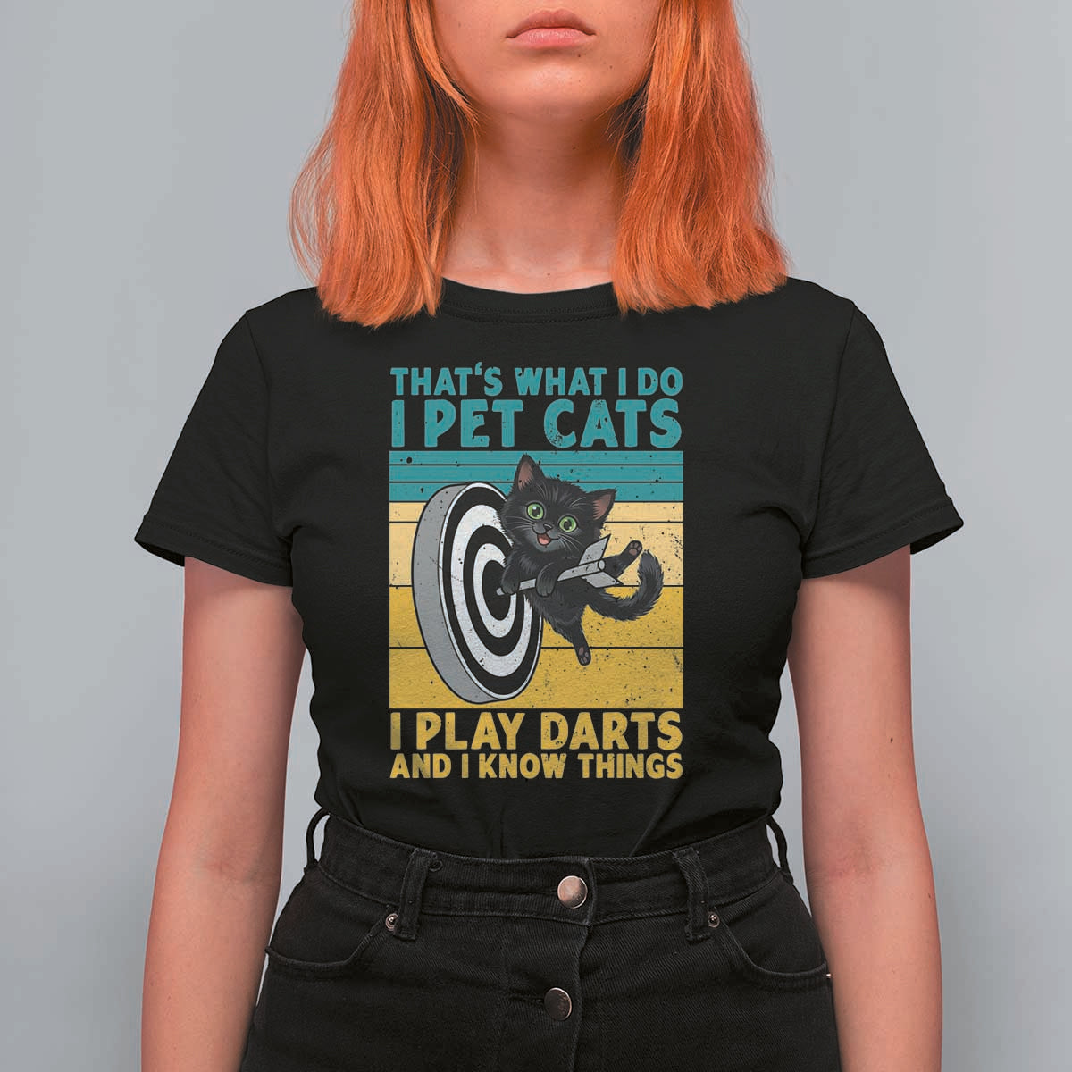 Funny Retro Sunset Cat Darts T Shirt For Women I Pet Cats I Play Darts And I Know Things - Wonder Print Shop