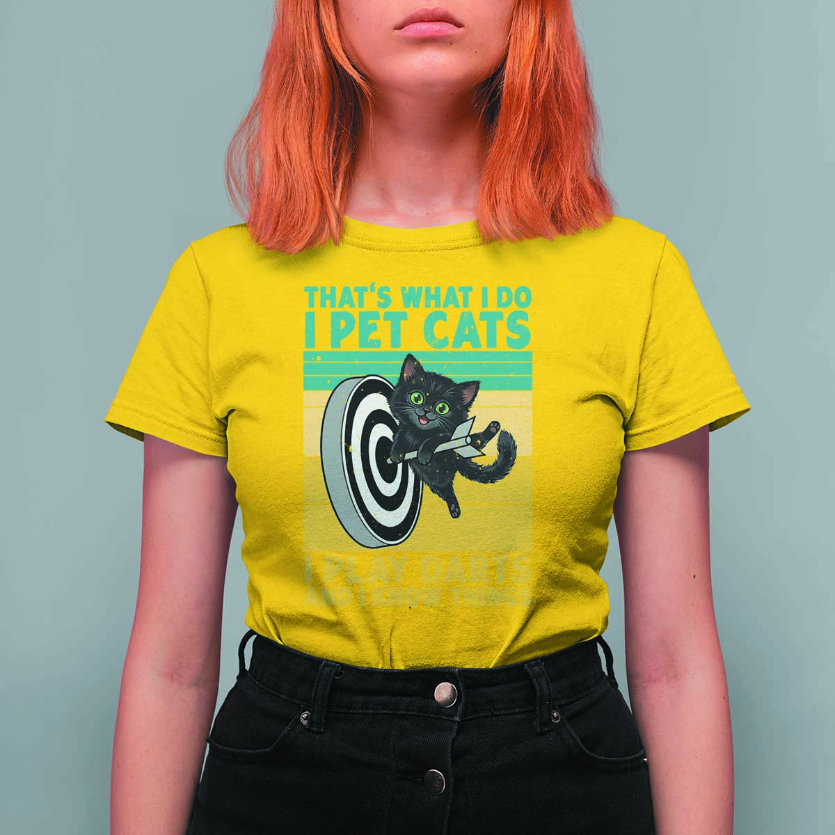 Funny Retro Sunset Cat Darts T Shirt For Women I Pet Cats I Play Darts And I Know Things - Wonder Print Shop