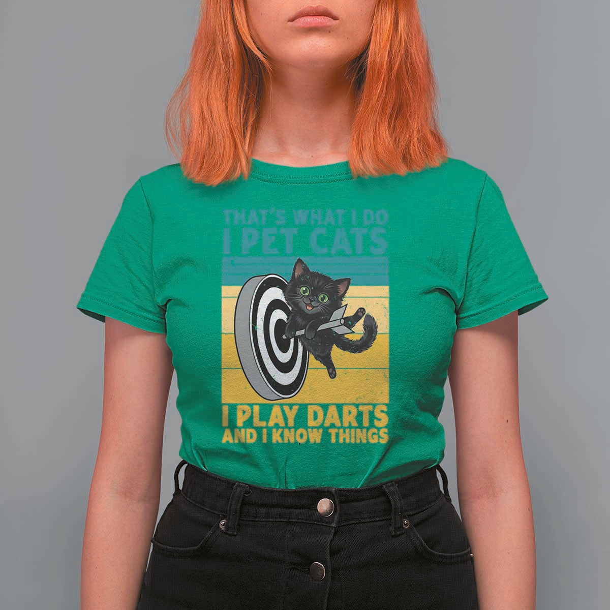 Funny Retro Sunset Cat Darts T Shirt For Women I Pet Cats I Play Darts And I Know Things - Wonder Print Shop
