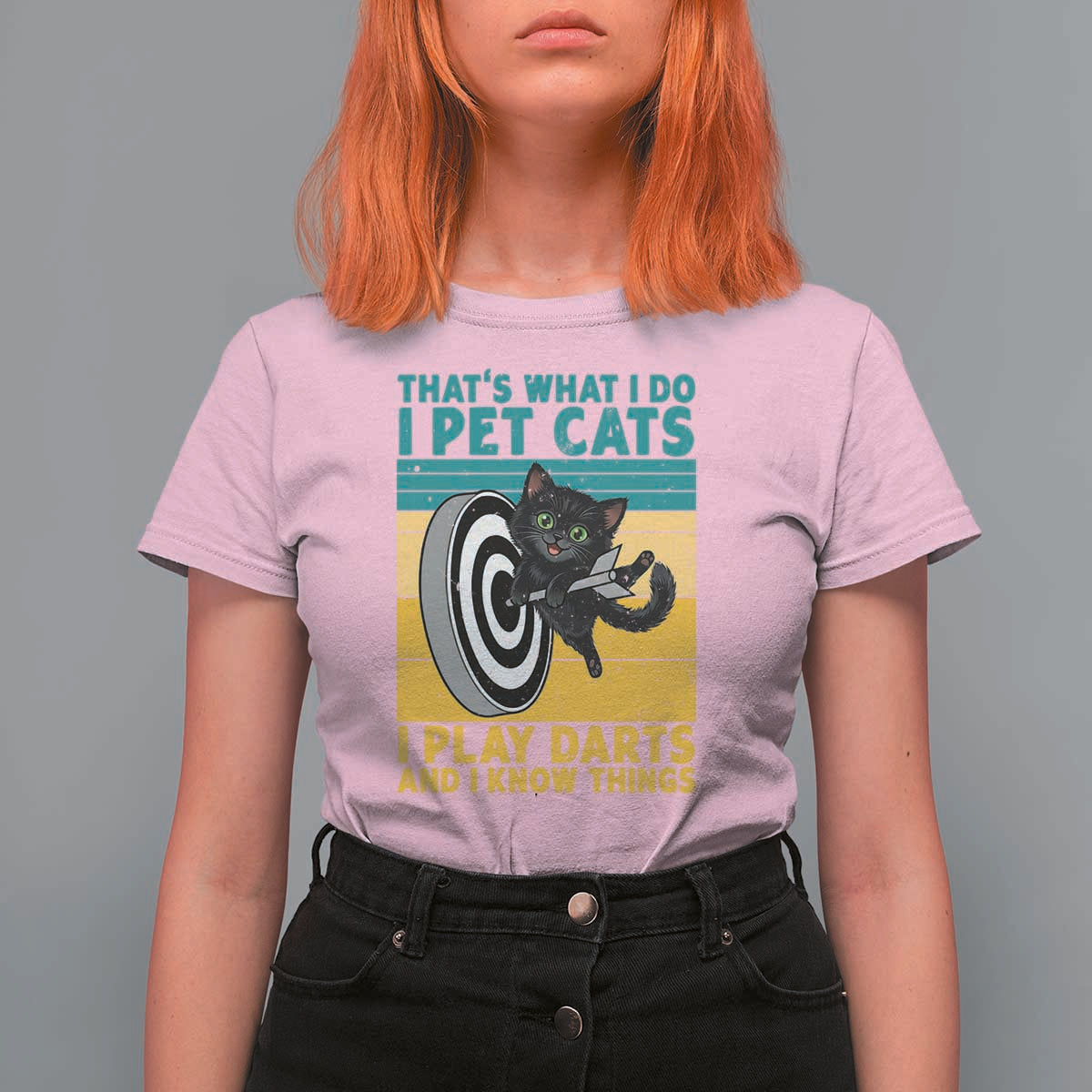 Funny Retro Sunset Cat Darts T Shirt For Women I Pet Cats I Play Darts And I Know Things - Wonder Print Shop