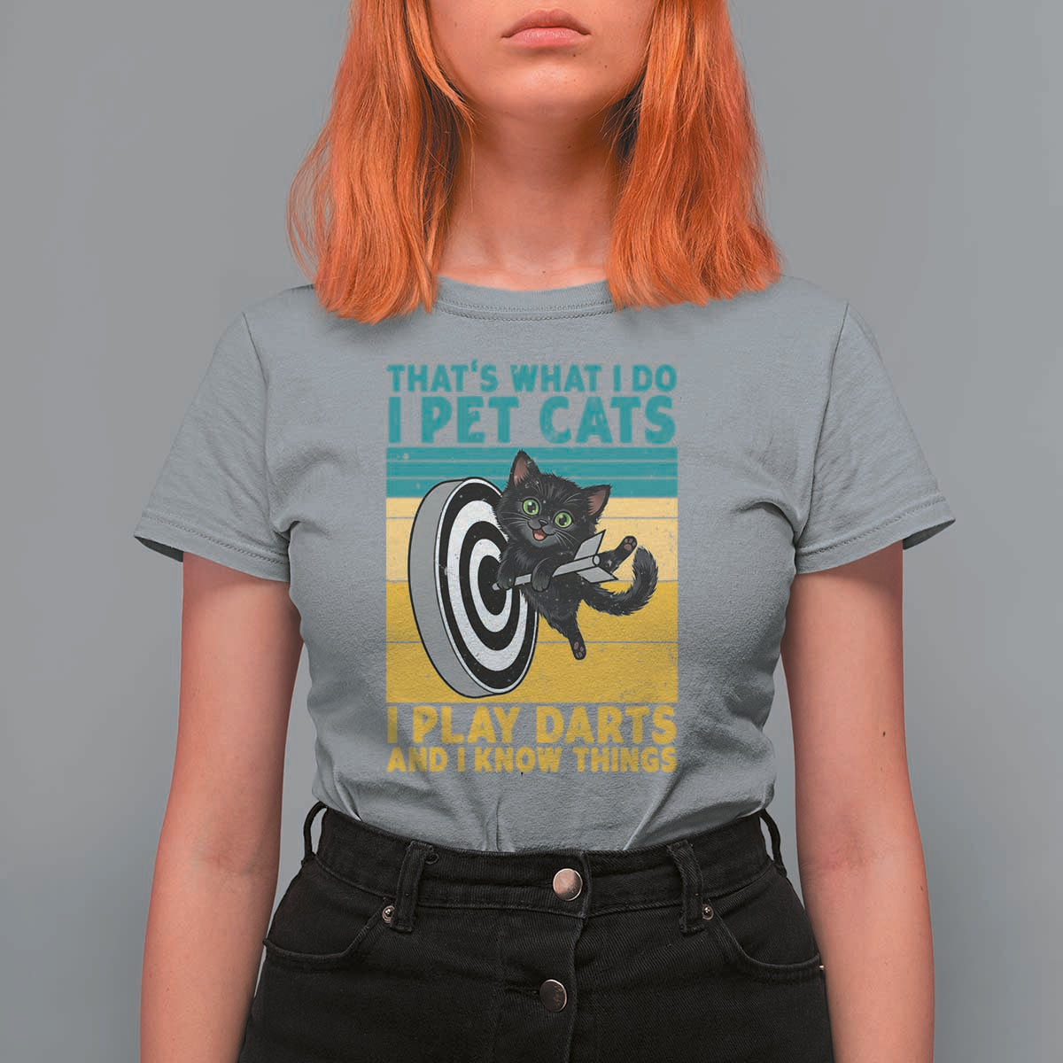 Funny Retro Sunset Cat Darts T Shirt For Women I Pet Cats I Play Darts And I Know Things - Wonder Print Shop