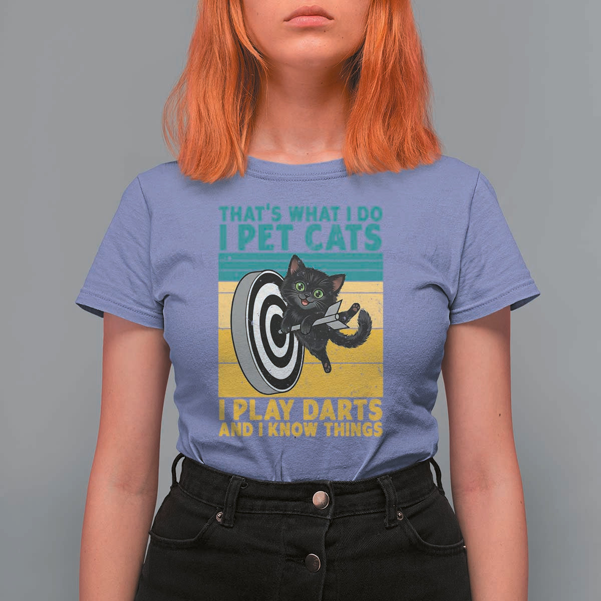 Funny Retro Sunset Cat Darts T Shirt For Women I Pet Cats I Play Darts And I Know Things - Wonder Print Shop