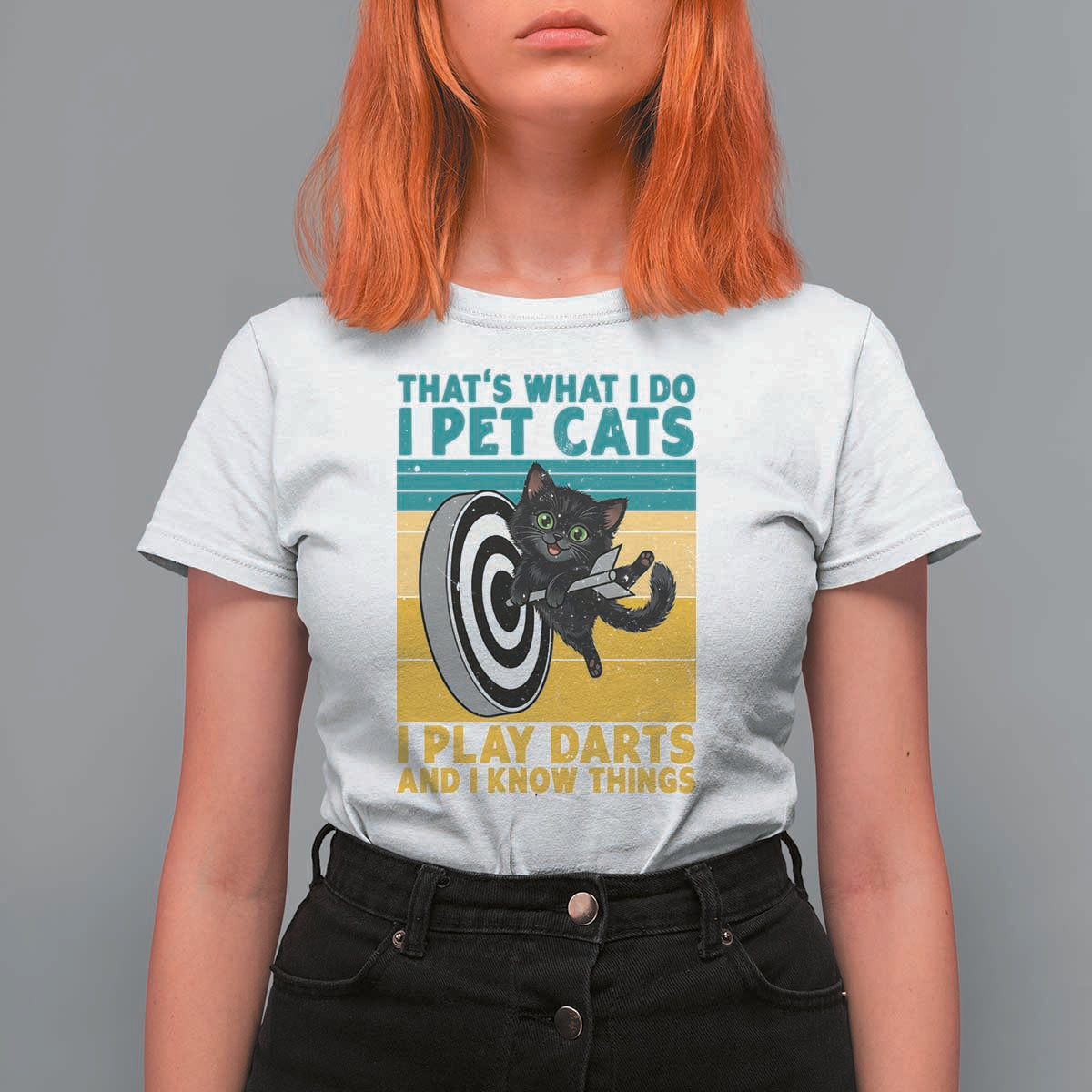 Funny Retro Sunset Cat Darts T Shirt For Women I Pet Cats I Play Darts And I Know Things - Wonder Print Shop