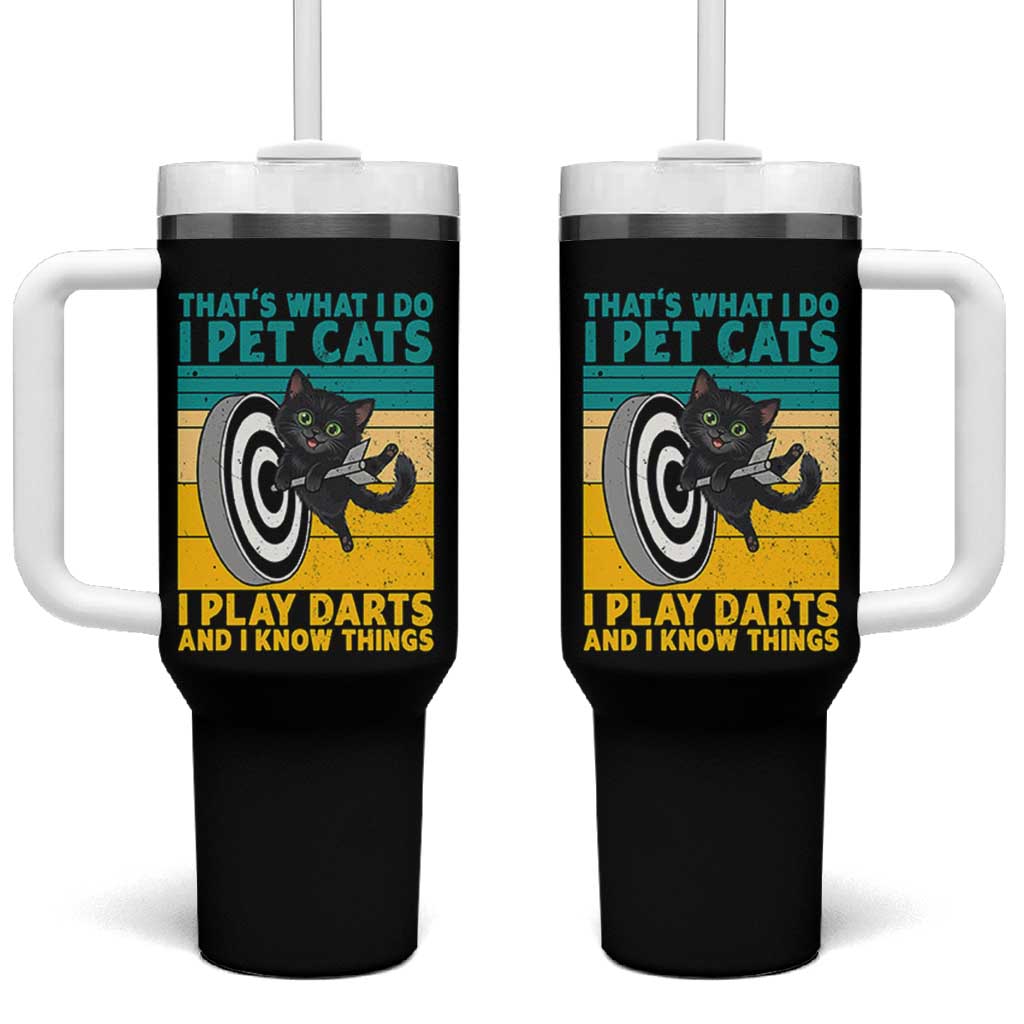 Funny Retro Sunset Cat Darts Tumbler With Handle I Pet Cats I Play Darts And I Know Things - Wonder Print Shop