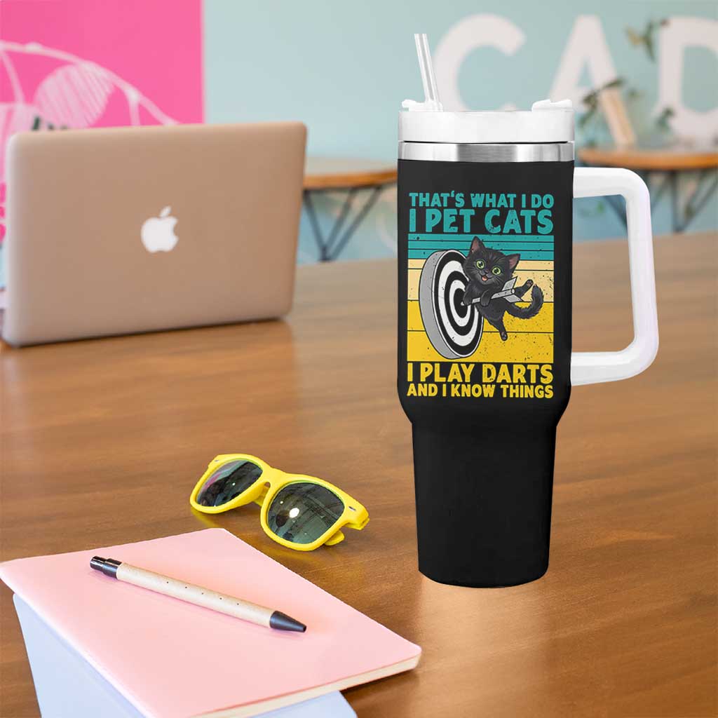Funny Retro Sunset Cat Darts Tumbler With Handle I Pet Cats I Play Darts And I Know Things - Wonder Print Shop