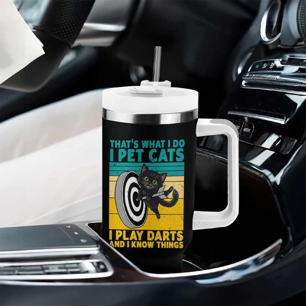 Funny Retro Sunset Cat Darts Tumbler With Handle I Pet Cats I Play Darts And I Know Things - Wonder Print Shop