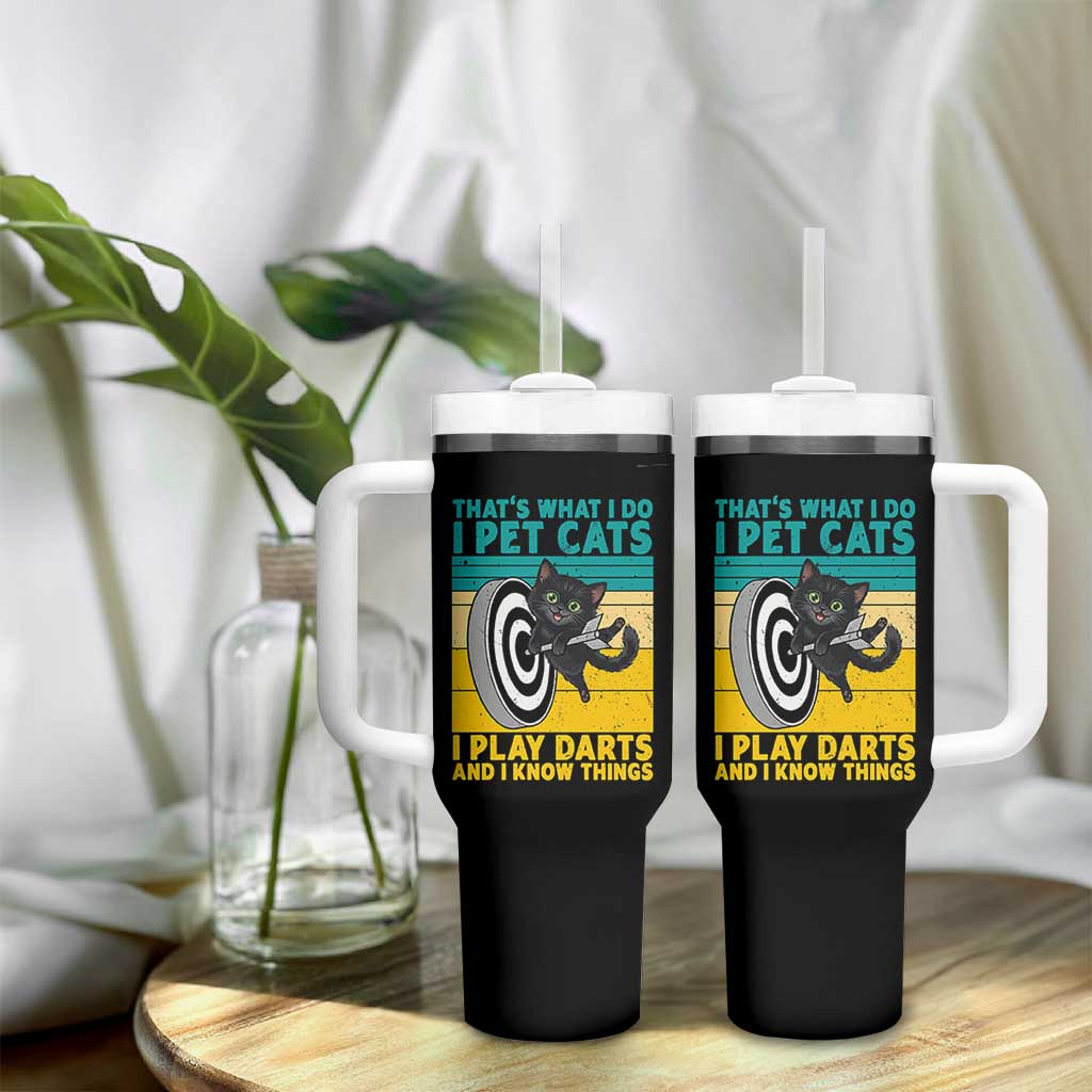 Funny Retro Sunset Cat Darts Tumbler With Handle I Pet Cats I Play Darts And I Know Things - Wonder Print Shop