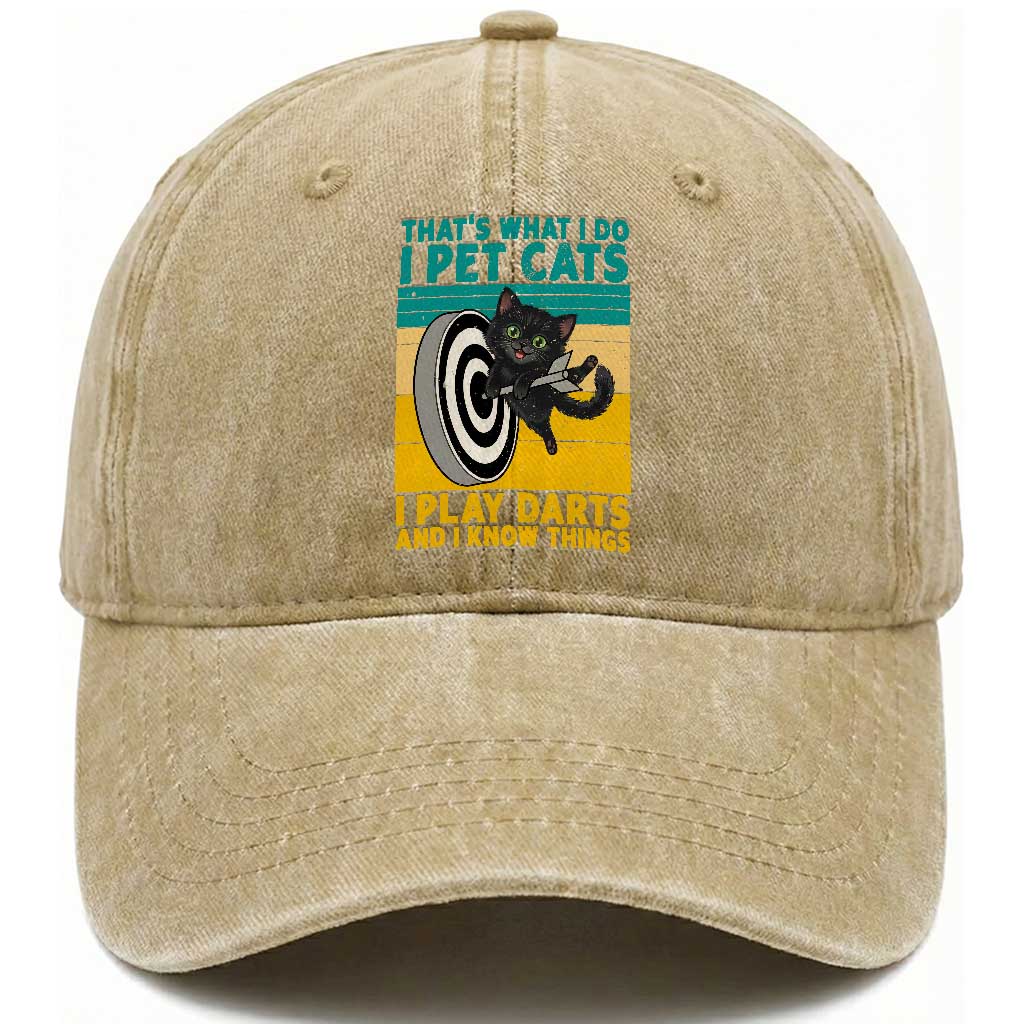 Funny Retro Sunset Cat Darts Washed Cotton Baseball Cap I Pet Cats I Play Darts And I Know Things